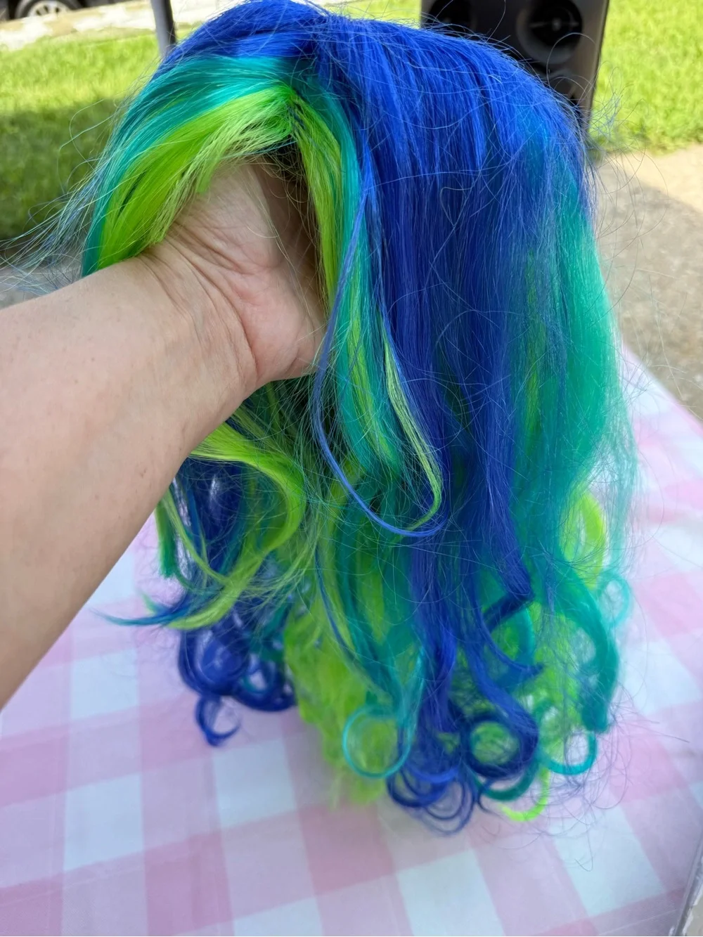 Vibrant Blue & Lime Green Curly mermaid hair wig (new in bag)